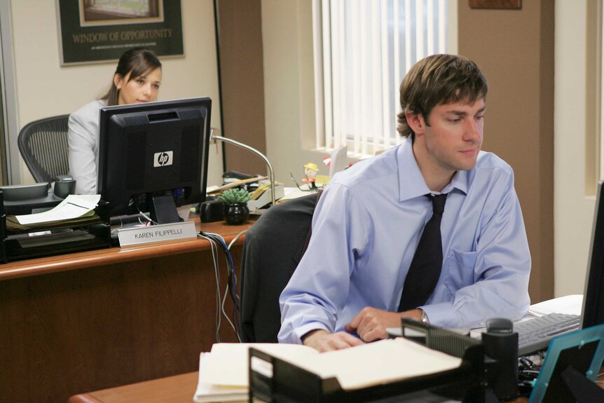 Karen Filippelli and Jim Halpert in a scene from The Office.