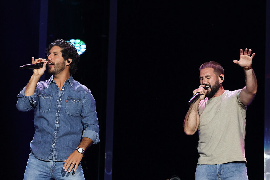 Dan Smyers and Shay Mooney of Dan + Shay perform on stage during day one of the CMA Fest 2023