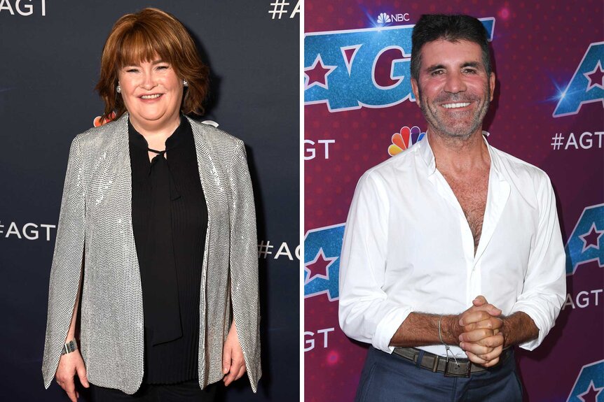 Split images of Susan Boyle and Simon Cowell.