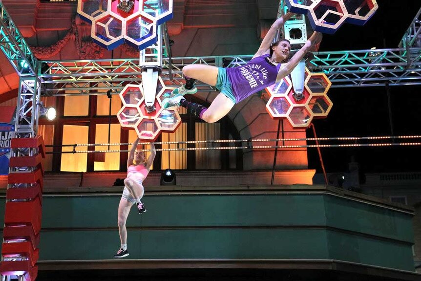 Emily Gardiner and Michelle Warnky Buurma competing on American Ninja Warrior.