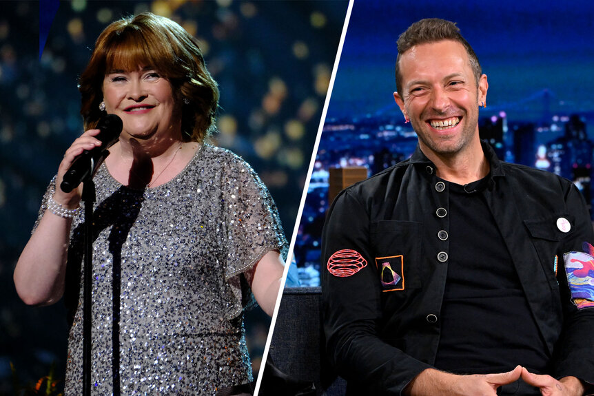 Split image of Susan Boyle and Coldplay's Chris Martin