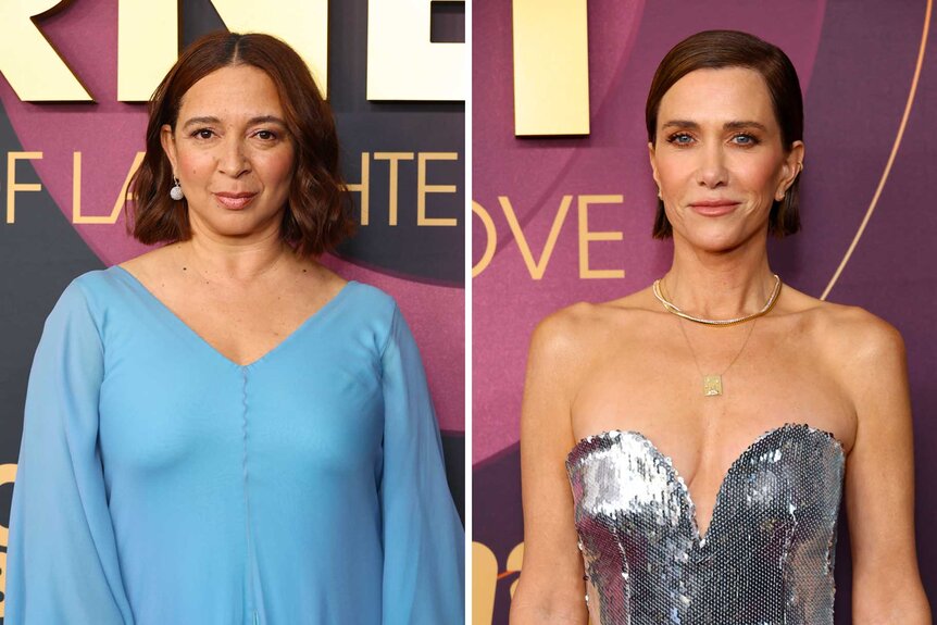 Side by side images of Maya Rudolph and Kristen Wiig attending the Carol Burnett: 90 Years of Laughter + Love event.