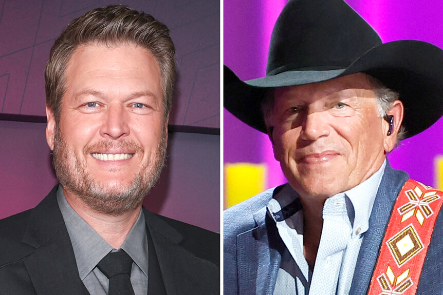 (l-r) Blake Shelton smiles wearing a suit and George Strait smiles wearing a black cowboy hat