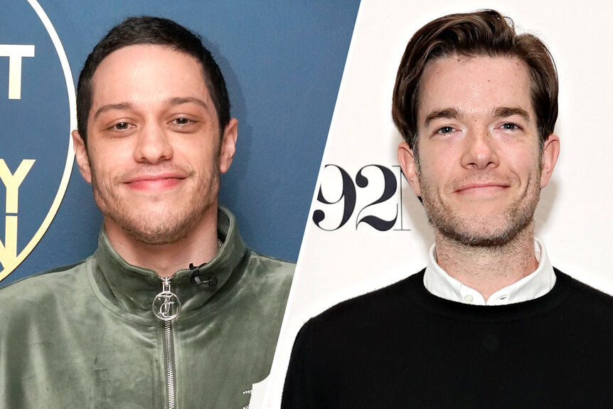 (L-R) Pete Davidson smiling in a green jacket and John Mulaney smiling wearing a black sweater