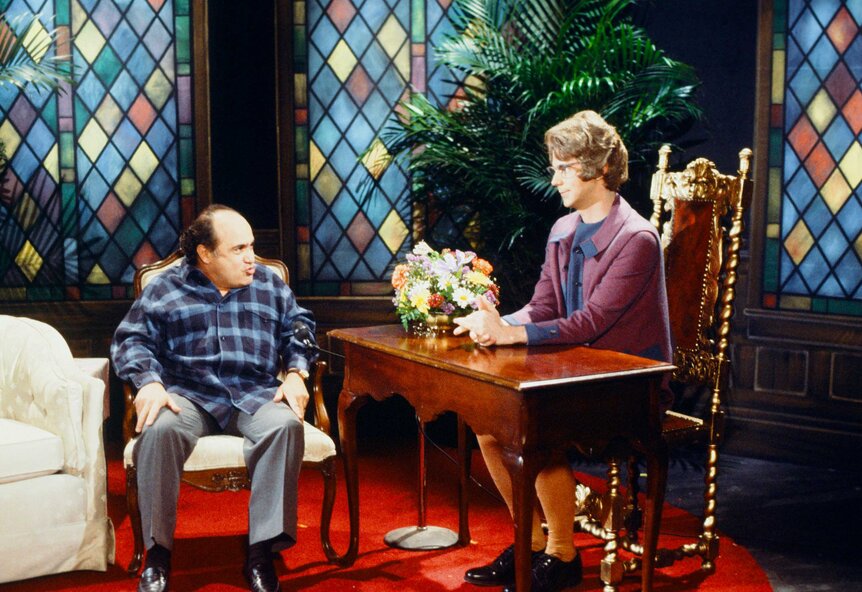 Danny Devito and Church Lady during the Church Chat skit on Saturday Night Live.