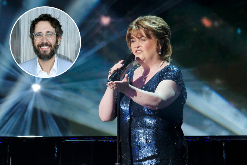 Susan Boyle singing in a blue dress Inset Josh Groban smiling