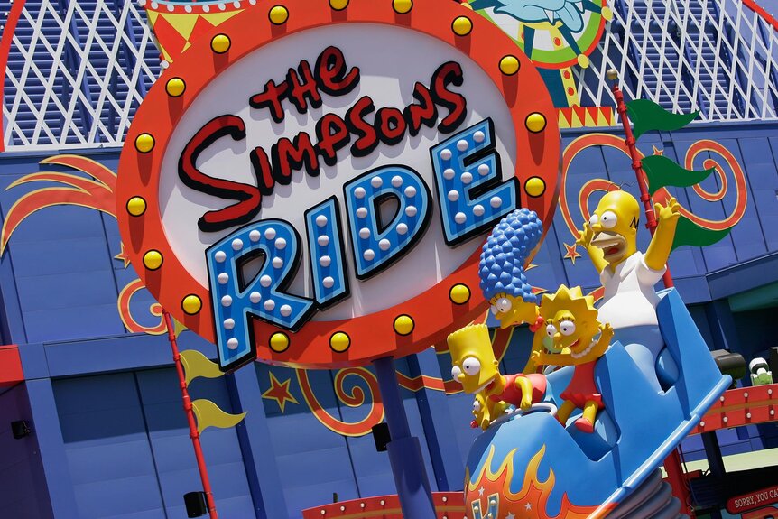 The outside view of the Simpsons Ride at universal studios