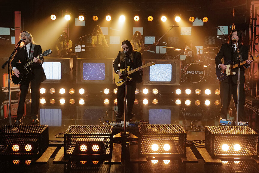 Boygenius performs on stage during jimmy kimmel live