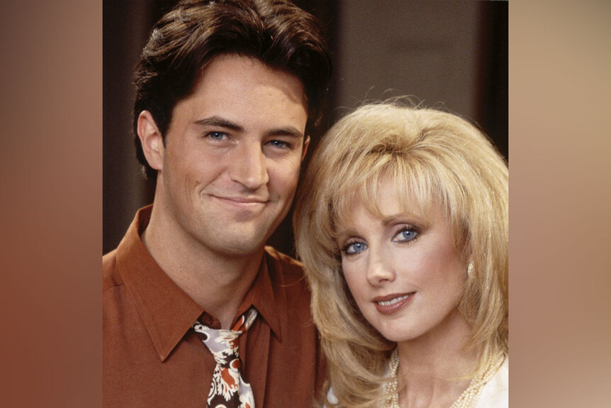 Matthew Perry and Morgan Fairchild pose for a photo together