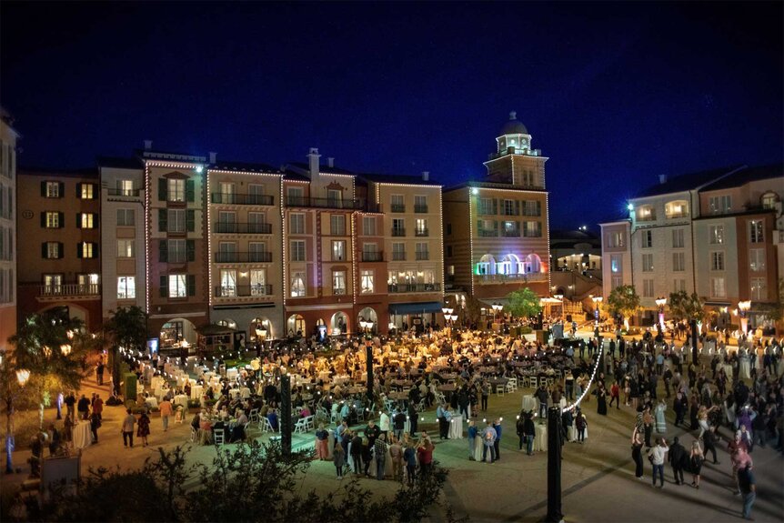 nighttime at Harbor Nights at Portofino Bay Hotel