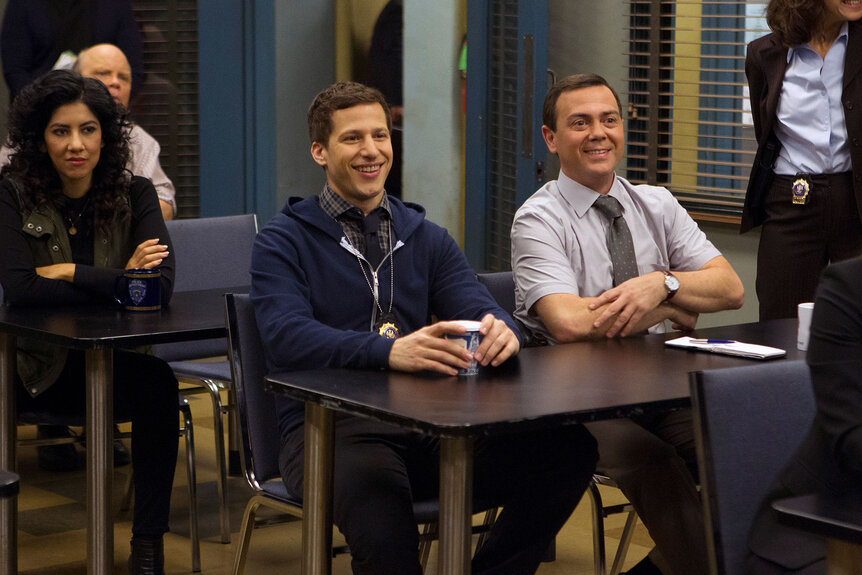 Stephanie Beatriz as Rosa Diaz, Andy Samberg as Jake Peralta, Joe Lo Truglio as Charles Boyle