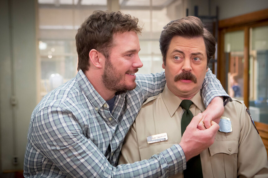 Chris Pratt as Andy Dwyer, Nick Offerman as Ron Swanson