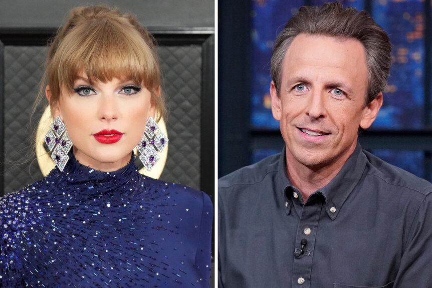 A side by side of Taylor Swift and Seth Meyers