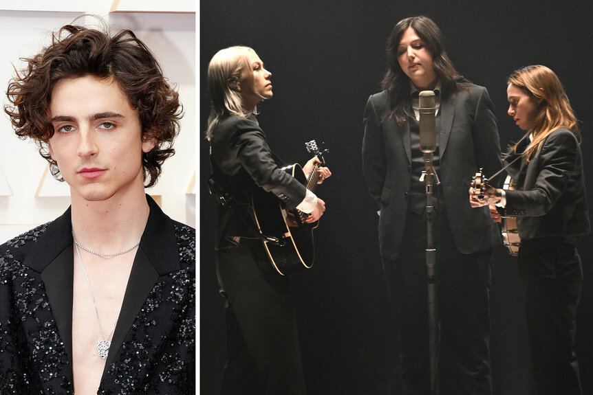 A side by side of Timothee Chalamet and Boygenius