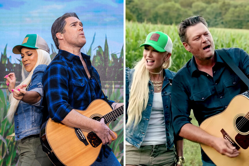 Split of Peter Alexander and Laura Jarret dressed as Blake Shelton and Gwen Stefani and Blake Shelton and Gwen Stefani in the 'Happy Anywhere' music video