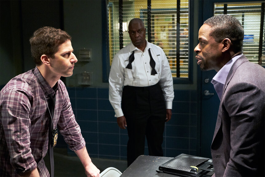 Jake Peralta, Captain Ray Holt and Philip Davidson in an interrogation room on Brooklyn nine nine