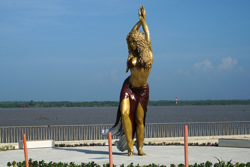 View of a statue of Colombian singer Shakira at the Malecon in Barranquilla, Colombia