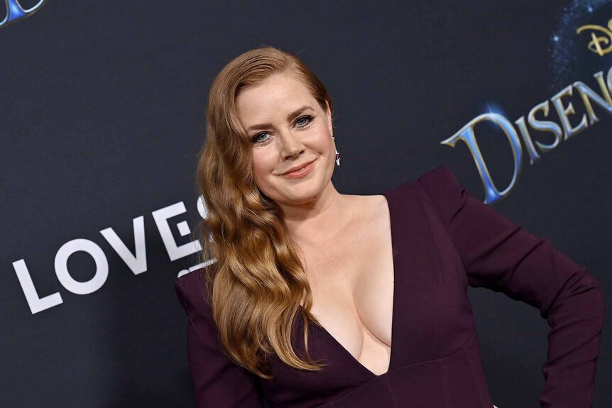 Amy Adams smiles in a purple dress.