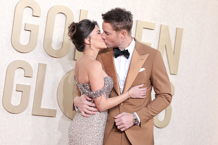 Justin Hartley and Sofia Pernas kiss on the red carpet of the 2024 Golden Globes