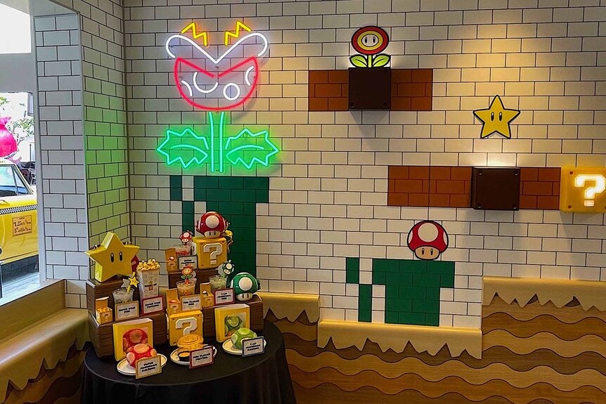 The display at the new Super Mario World Restaurant at Universal Studios Hollywood.