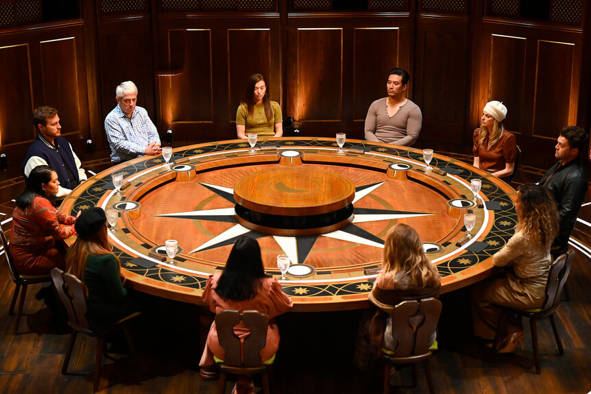 Sandra Diaz-Twine, Peter Weber, Phaedra Parks, John Bercow, Mercedes “MJ” Javid, Parvati Shallow, Kevin Kreider, Kate Chastain, Trishelle Cannatella, Shereé Whitfield, and Chris 'C.T.' Tamburello sit at the roundtable