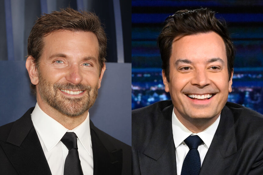 A split featuring Bradley Cooper and Jimmy Fallon.