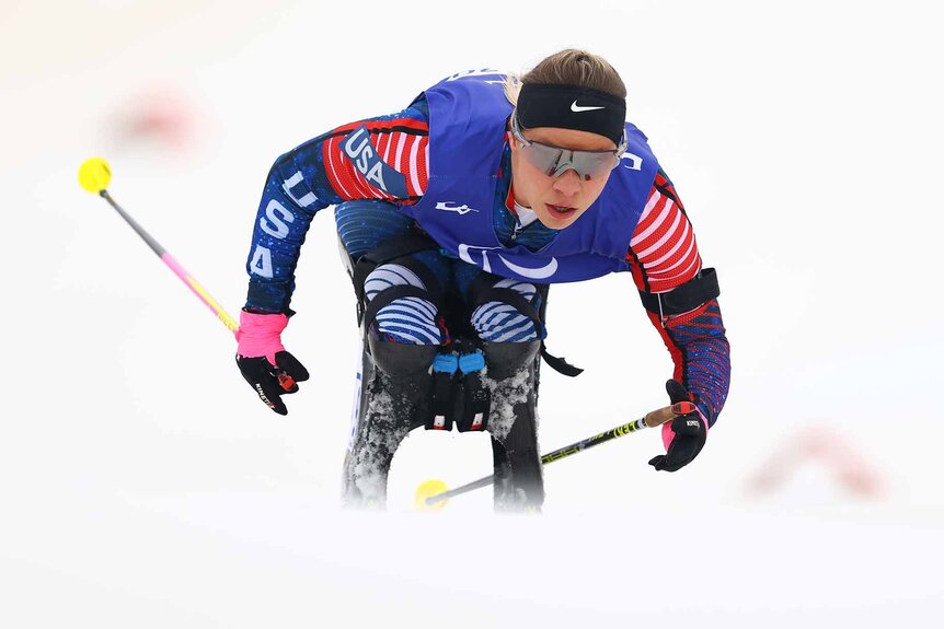 Oksana Masters skis in the Women's Individual Sitting Biathlon.