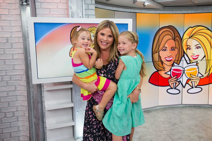 Jenna Bush Hager holds her two daughters in the studio of TODAY in 2018