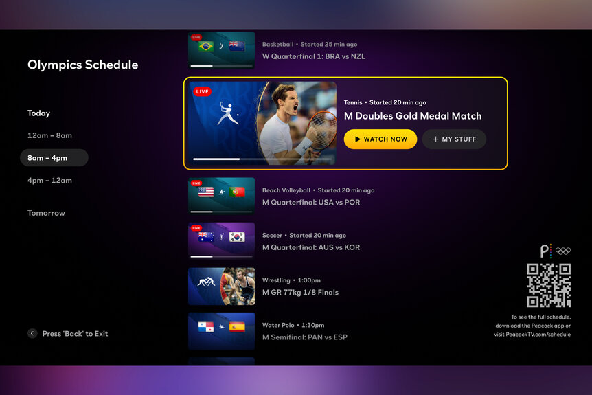A screen showing how to access the olympics schedule on peacock