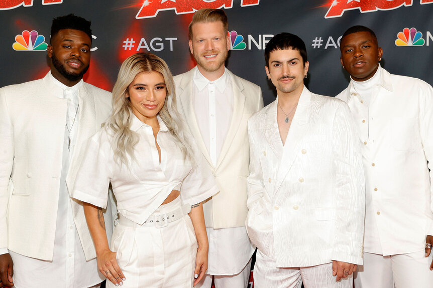 Kevin Olusola, Kirstin Maldonado, Scott Hoying, Mitch Grassi and Matt Sallee of Pentatonix walk the America's Got Talent red carpet