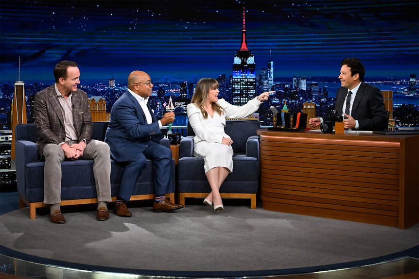 Peyton Manning Mike Tirico and Kelly Clarkson on The Tonight Show Starring Jimmy Fallon episode 1938