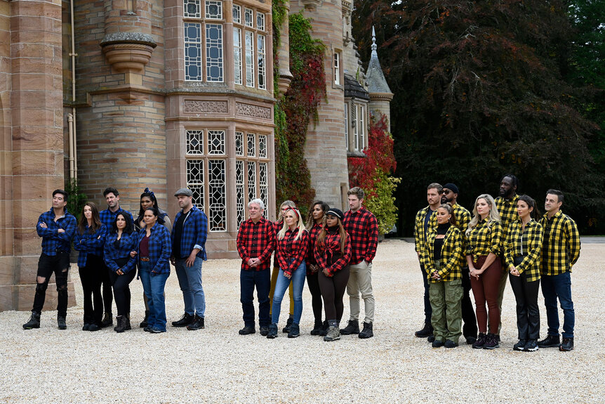 The Traitors Season 2 cast stand outside the castle during Season 2 Episode 2