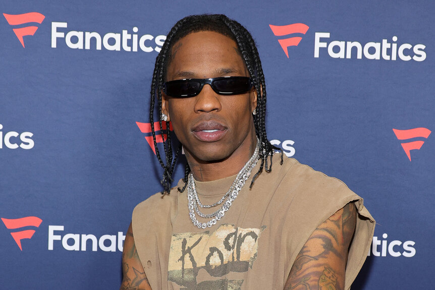 Travis Scott attends Michael Rubin's Fanatics Super Bowl party