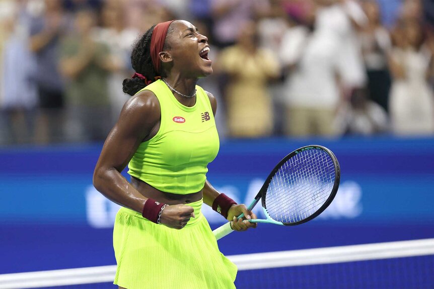 Coco Gauff reacts after match point during the Women's Singles Semifinal match at the us open