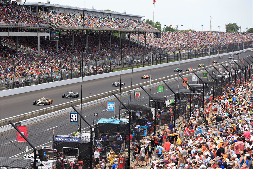 Felix Rosenqvist leads the race during The 107th Running of the Indianapolis 500