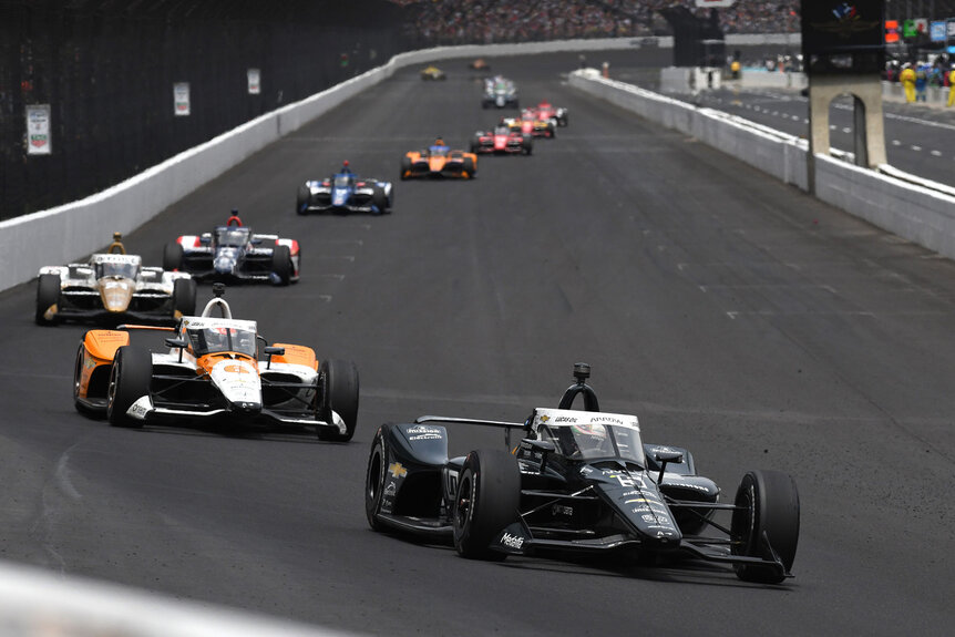 Patricio O'Ward leads teammate Felix Rosenqvist during the NTT IndyCar Series 107th Indianapolis 500