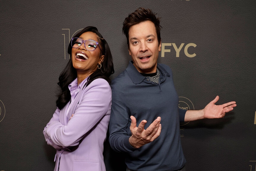 Keke Palmer and Jimmy Fallon pose for a photo at The Tonight Show With Jimmy Fallon FYC event