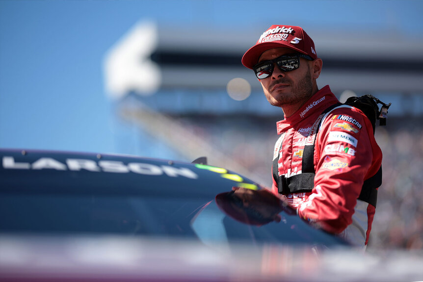 Kyle Larson enters his car for the NASCAR Cup Series Cook Out 400 at Martinsville Speedway on April 07, 2024 in Martinsville, Virginia.