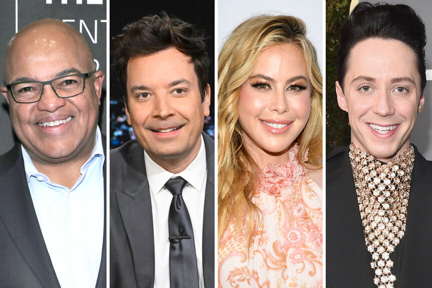 A split of Mike Tirico Jimmy Fallon Tara Lipinski and Johnny Weir