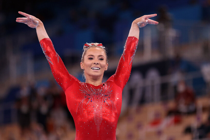 Mykayla Skinner smiles after competing on balance beam during Women's Qualification on day two of the Tokyo 2020 Olympics