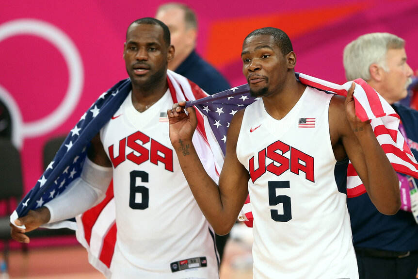 Lebron James and Kevin Durant celebrate winning the Men's Basketball gold medal game on Day 16 of the London 2012 Olympics