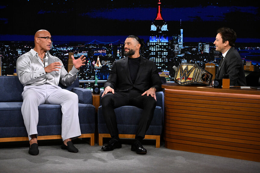 Dwayne Johnson and Roman Reigns being interviewed by Jimmy Fallon on The Tonight Show Starring Jimmy Fallon Episode 1954