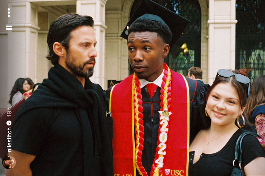 Niles Fitch Milo Ventimiglia and Hannah Zeile attend Niles' graduation