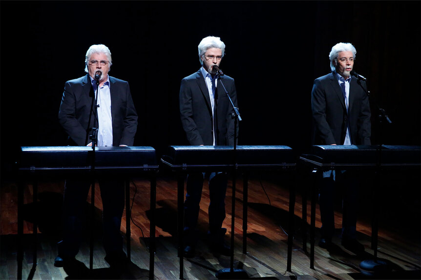 Michael McDonald, Justin Timberlake and host Jimmy Fallon during a skit on Late Night With Jimmy Fallon on March 13, 2013.