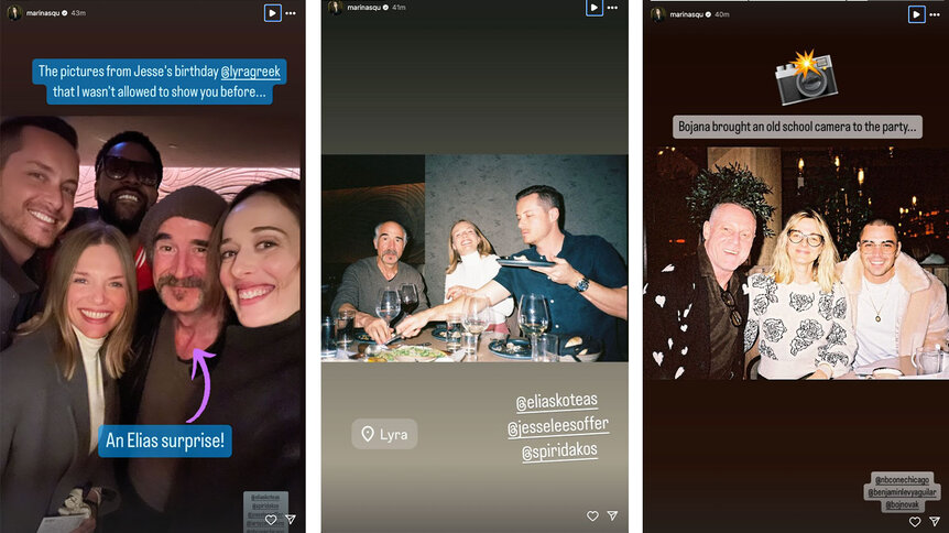 Screenshots from Marina Squerciati's Instagram story featuring Chicago P.D. cast members