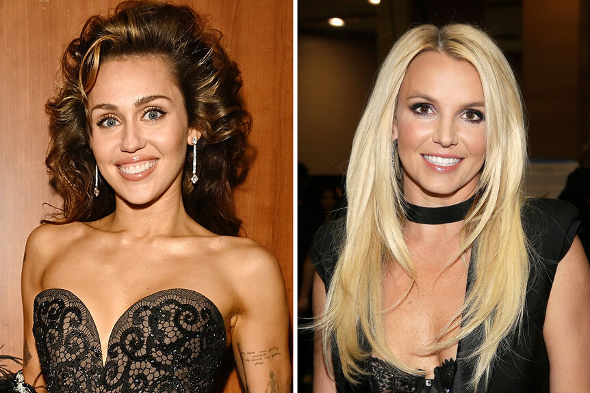 A split of Miley Cyrus and Britney Spears