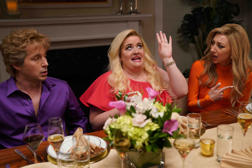 Beck Bennett, Aidy Bryant, Heidi Gardner during the "Reality Intro" skit on Saturday Night Live Episode 1743