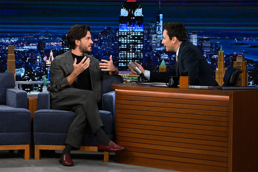 Jonathan Bailey during an interview with host Jimmy Fallon on The Tonight Show Episode 1972