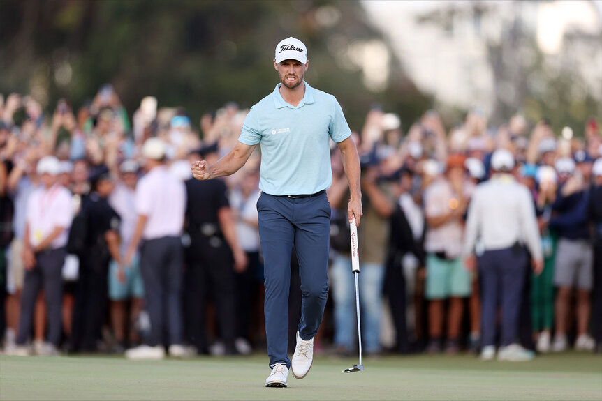 Wyndham Clark of the United States reacts to his winning putt on the 18th green during the final round of the 123rd U.S. Open Championship