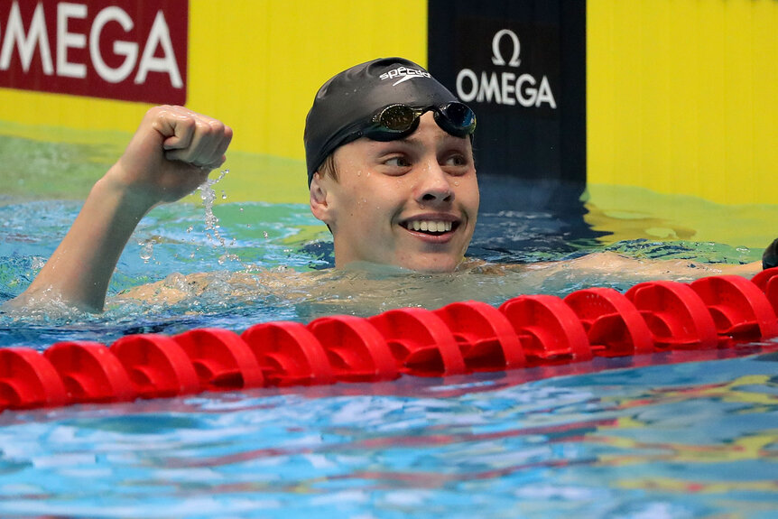 Carson Foster after swimming the 200m backstroke at he 6th FINA World Junior Swimming Championships